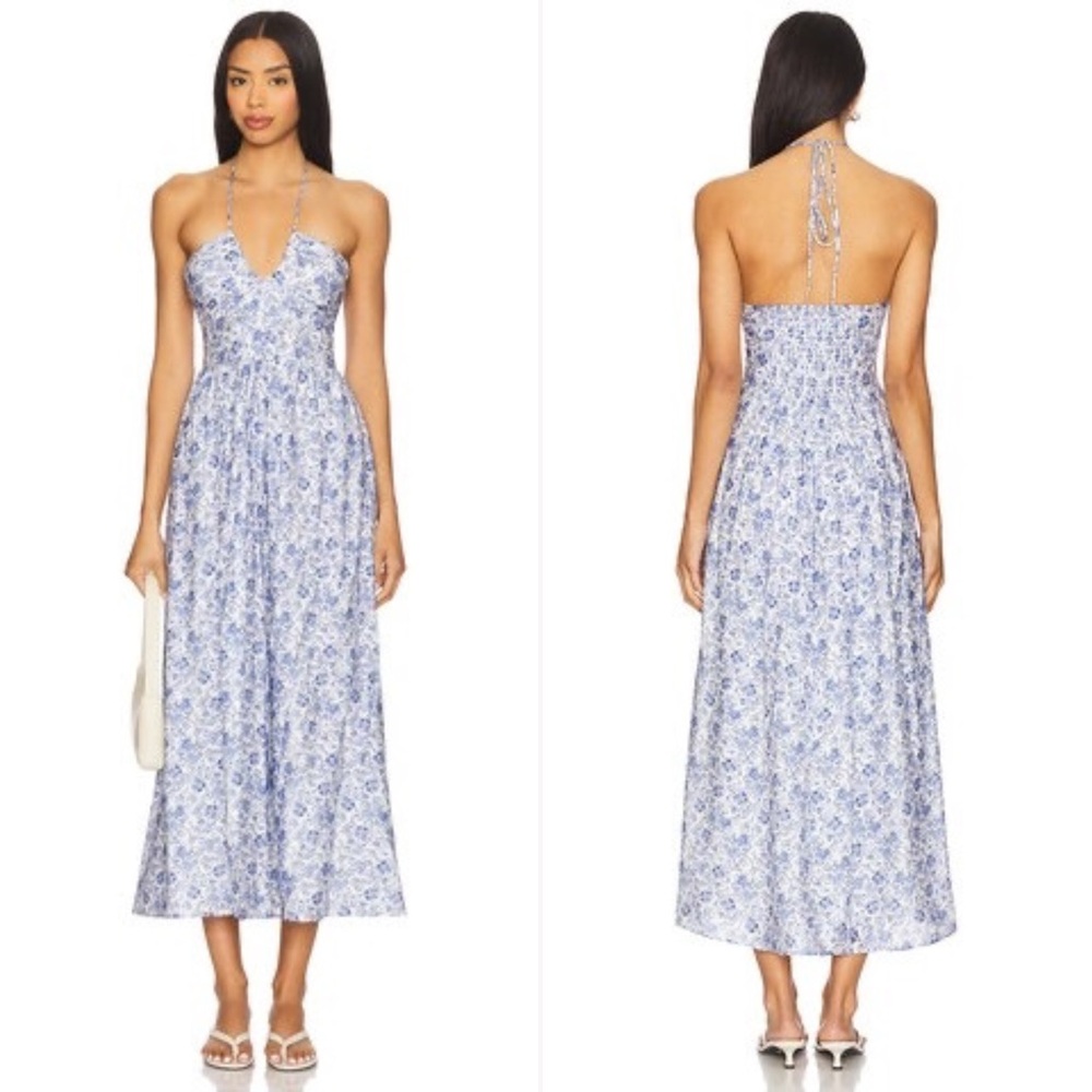 MINKPINK Blue Floral Halter Midi Dress with Back Tie
